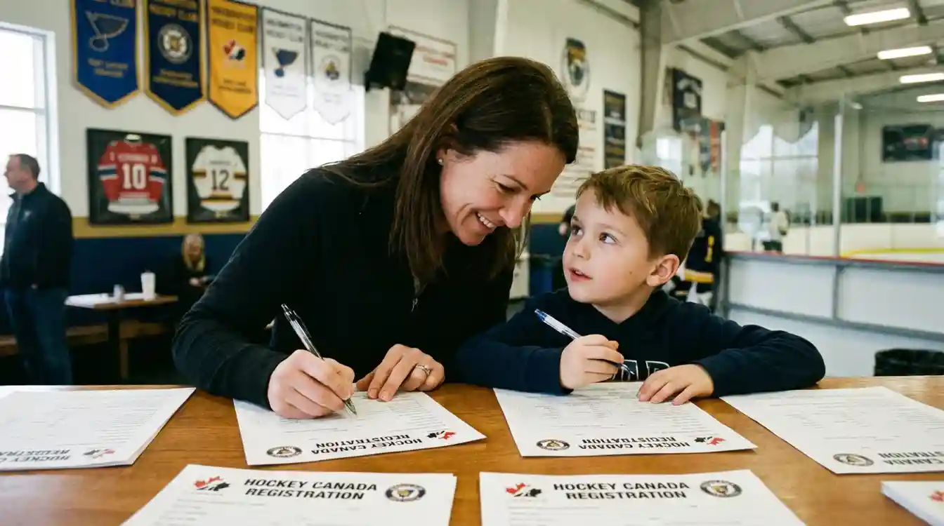 Ouder en kind vullen samen een inschrijfformulier in bij de hockeyclub
