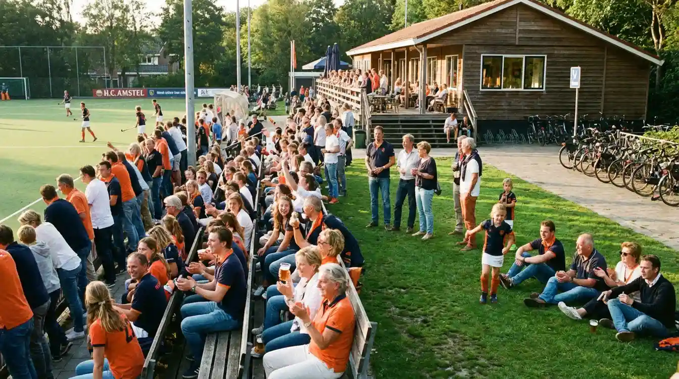 Sfeervolle thuiswedstrijd bij een Nederlandse hockeyclub met supporters