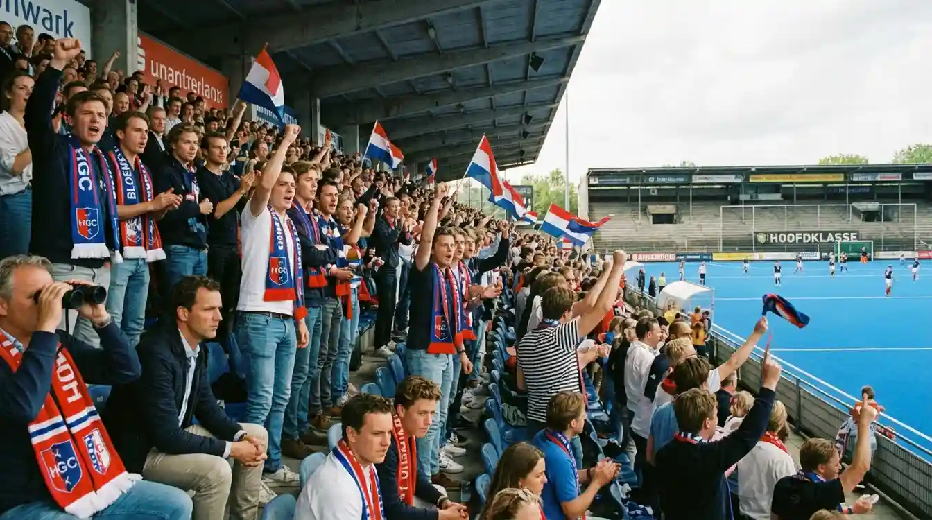 Enthousiaste hockeyfans op de tribune tijdens een Hoofdklasse wedstrijd