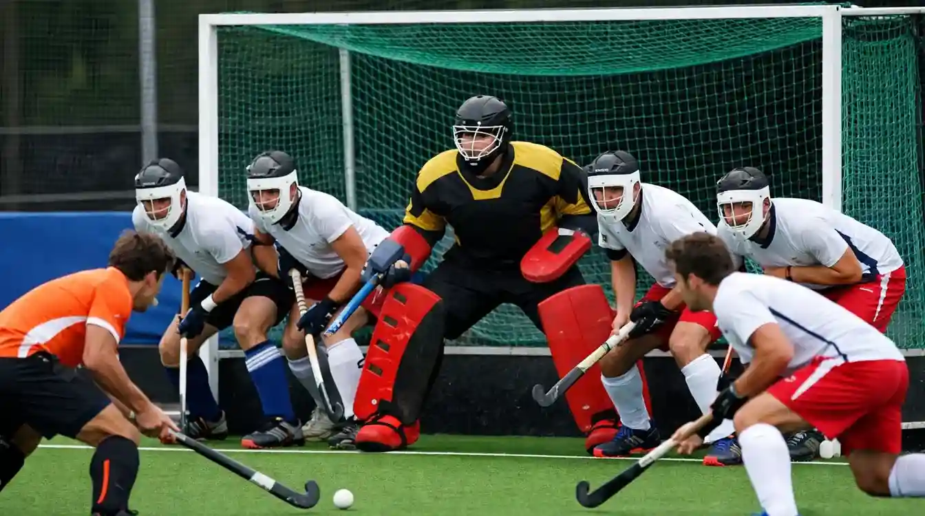Spannend moment tijdens een strafcorner op een hockeyveld met verdedigers en aanvallers