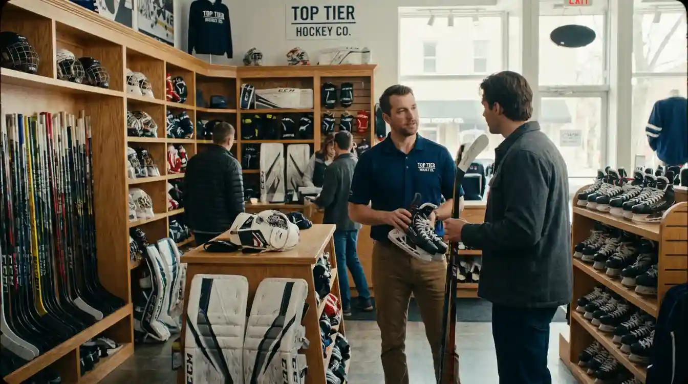 Klant krijgt advies in een hockeywinkel over de juiste uitrusting