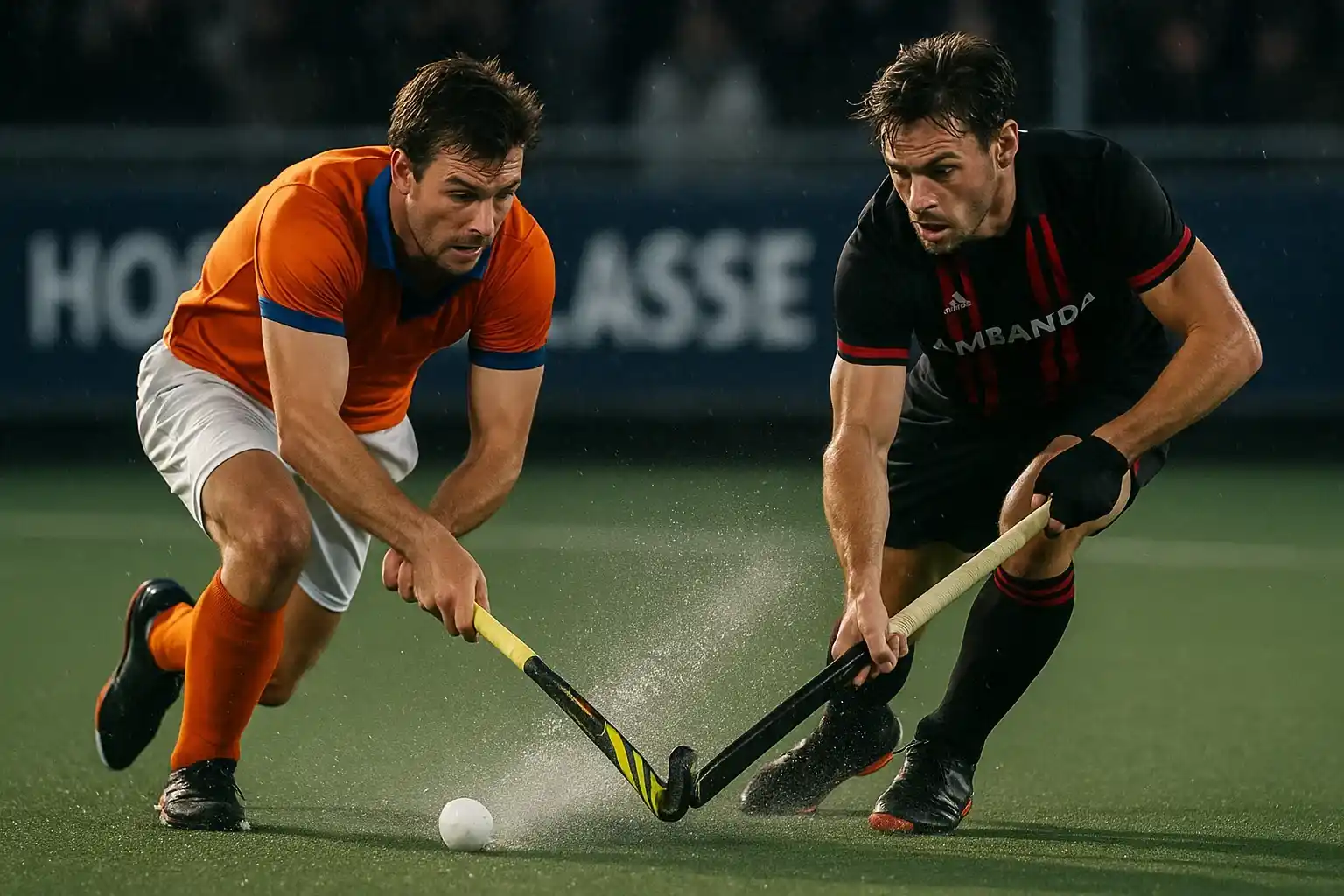Dynamische actie tijdens Hoofdklasse wedstrijd tussen Bloemendaal en Amsterdam