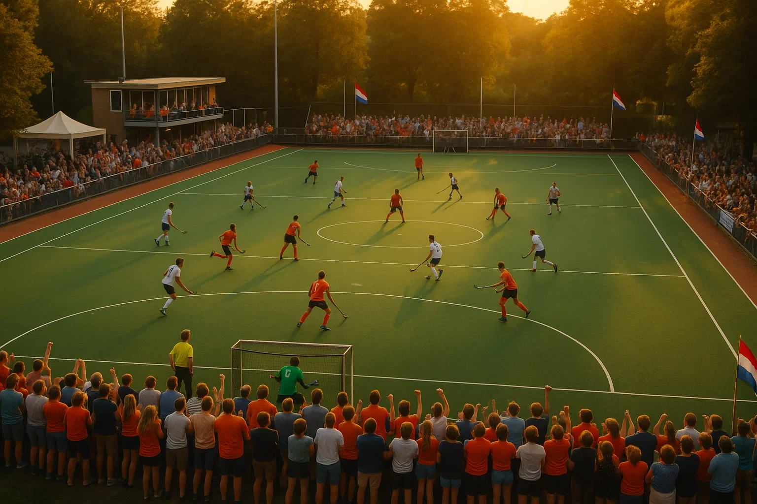 Nederlandse Hoofdklasse hockeywedstrijd op clubveld met lokale supporters en authentieke sfeer