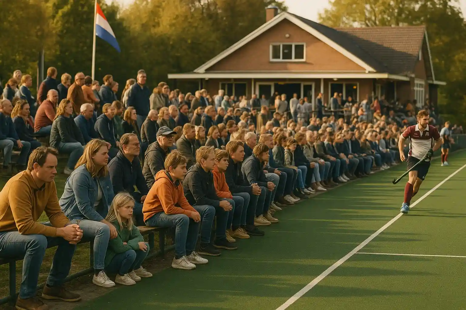 Publiek langs de lijn bij een Hoofdklasse hockeywedstrijd met clubhuis op de achtergrond