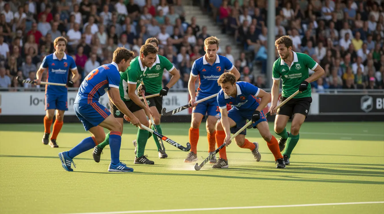Hockeyspelers van opkomende Hoofdklasse clubs in actie op het veld