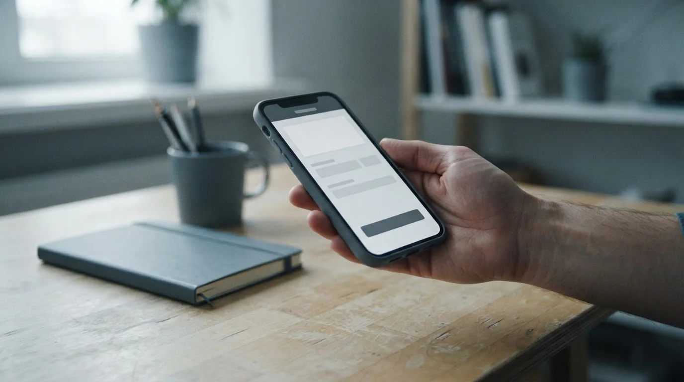 Smartphone met neutraal betaalscherm op een rustige werktafel