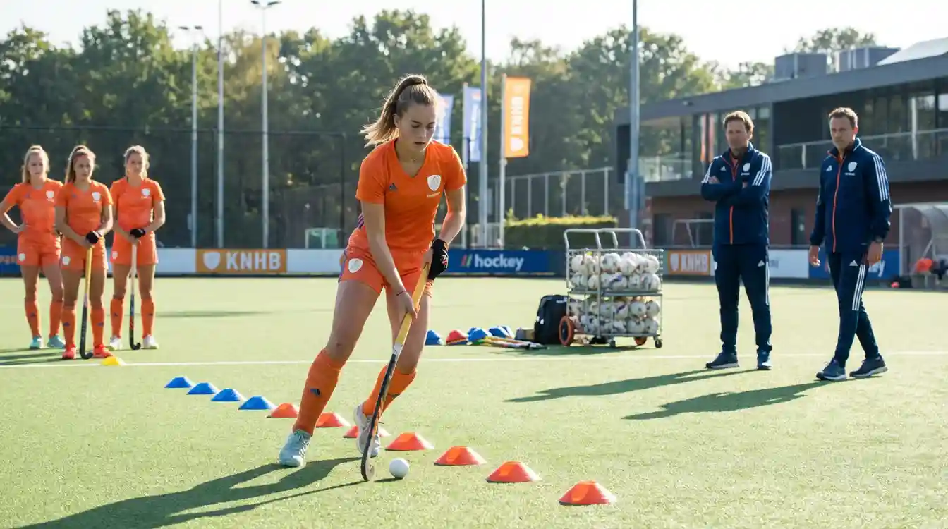 Jong talent tijdens een training van het Nederlands hockeyteam