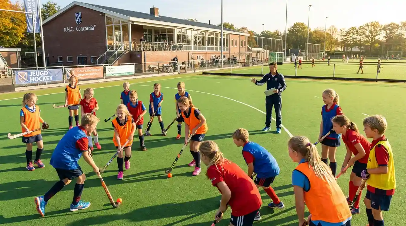 Groep kinderen tijdens een hockeytraining op een clubveld met coaches