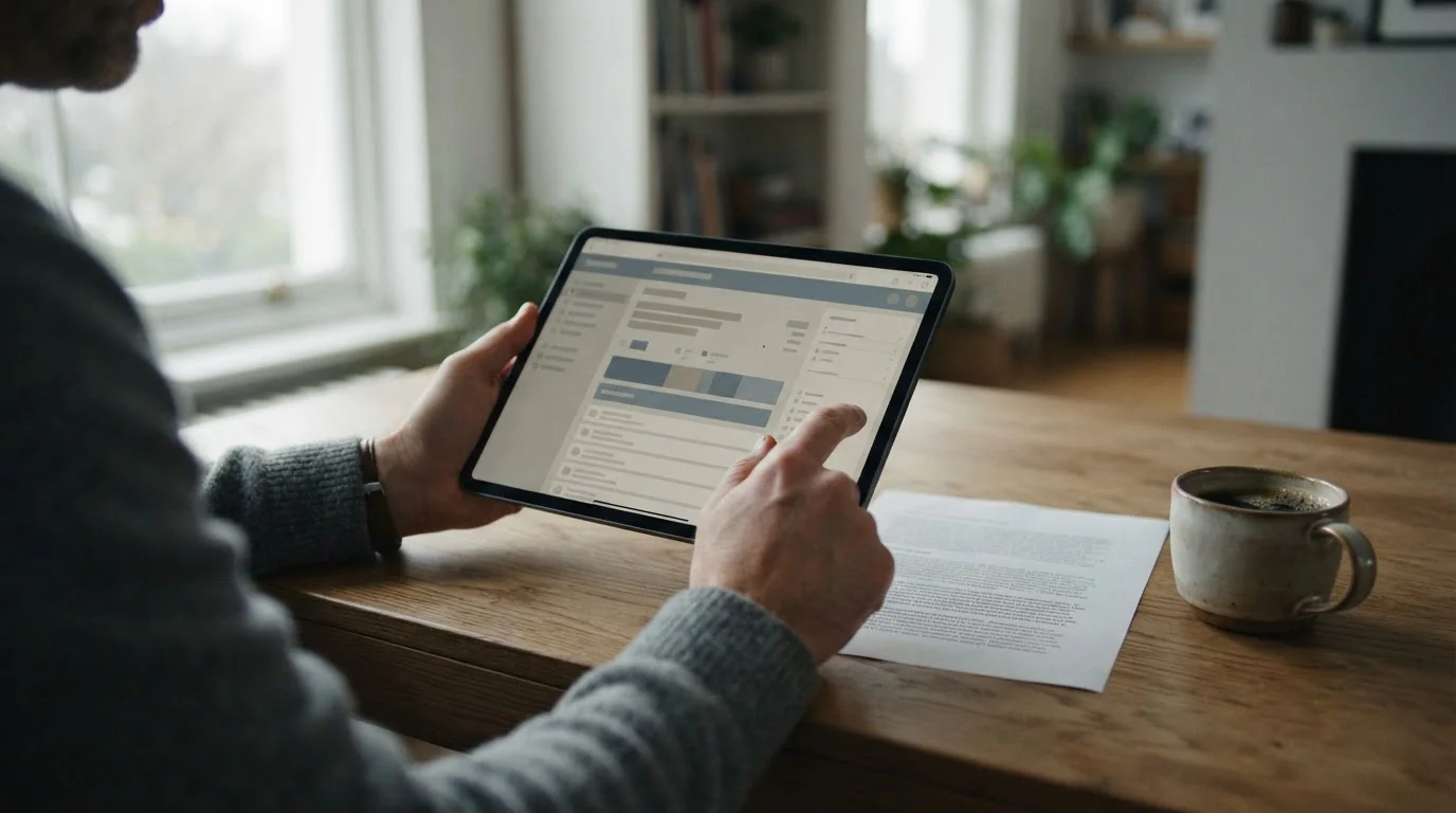 Persoon leest voorwaarden op tablet met neutrale grijze interface