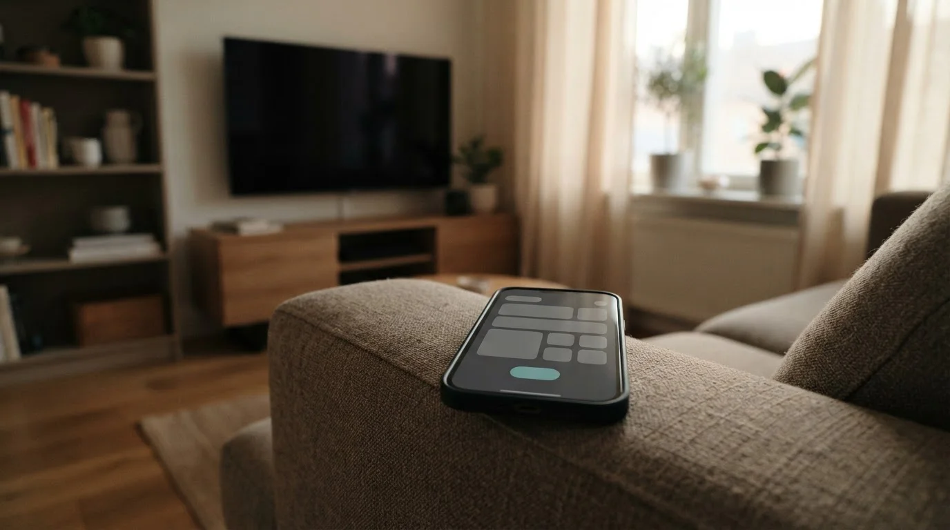 Smartphone met neutrale interface naast een stille televisie