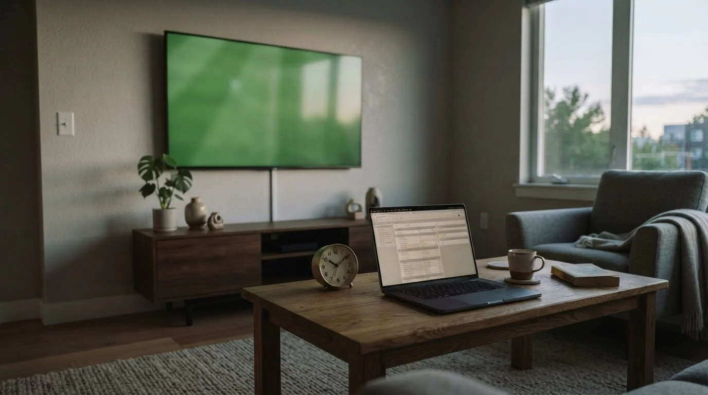 Televisiescherm met vertraagde uitzending naast een laptop