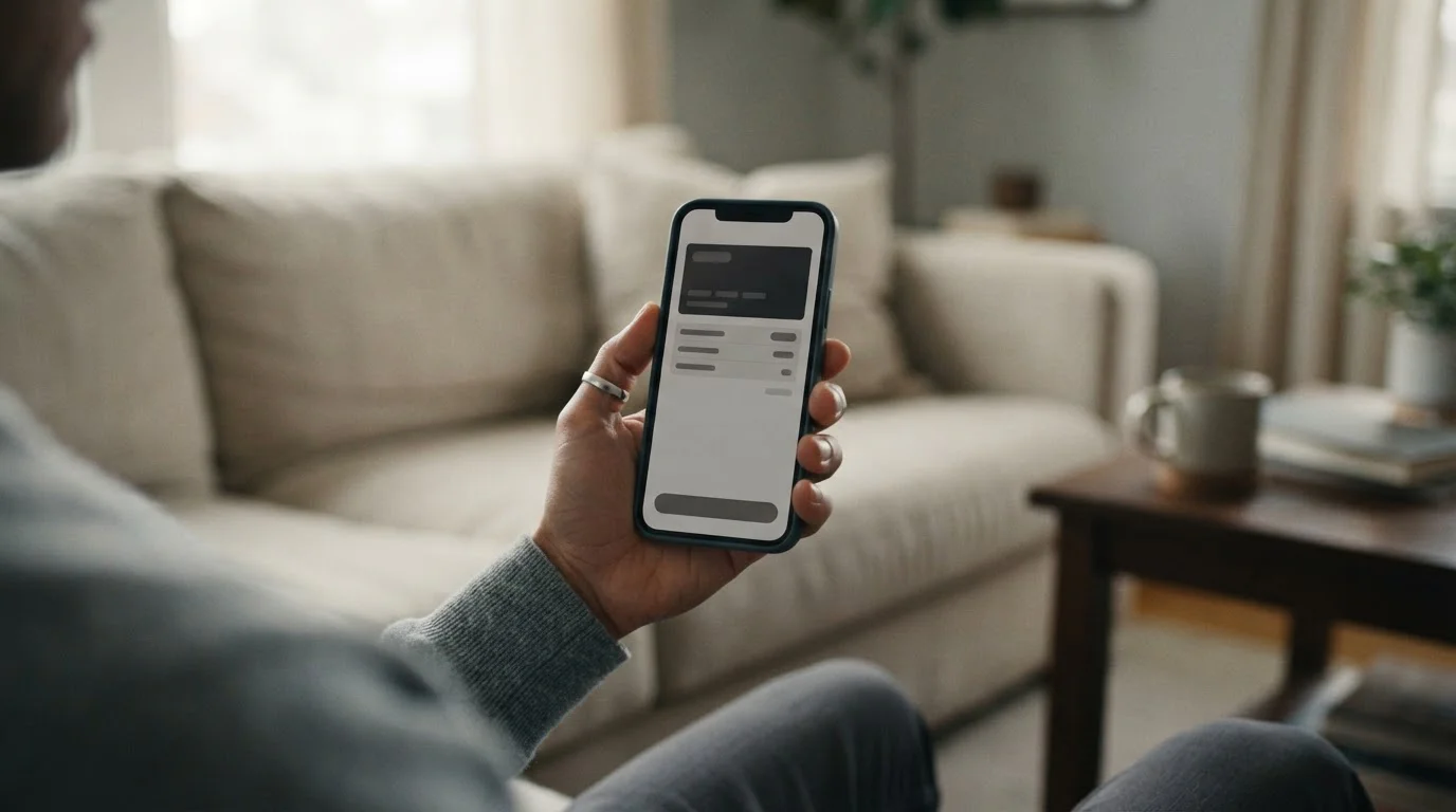 Hand houdt smartphone vast met een neutraal betaalscherm