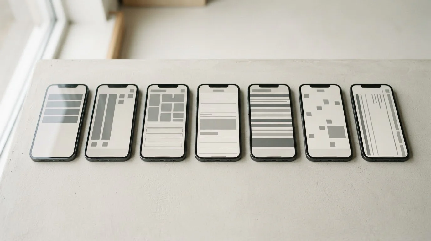 Zeven smartphones naast elkaar met neutrale app-schermen voor vergelijking