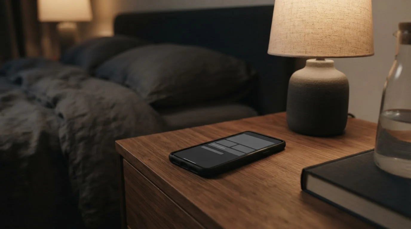 Smartphone met leeg scherm op nachtkastje naast lamp bij avondlicht