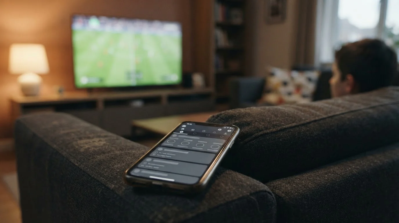 Smartphone met neutrale live-interface voor televisie met wazig voetbalveld
