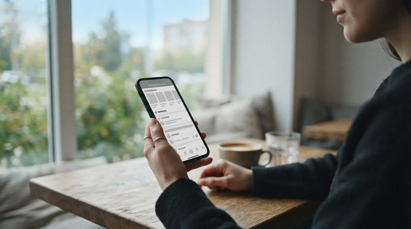 Hand houdt smartphone vast met neutrale sport-app interface bij daglicht