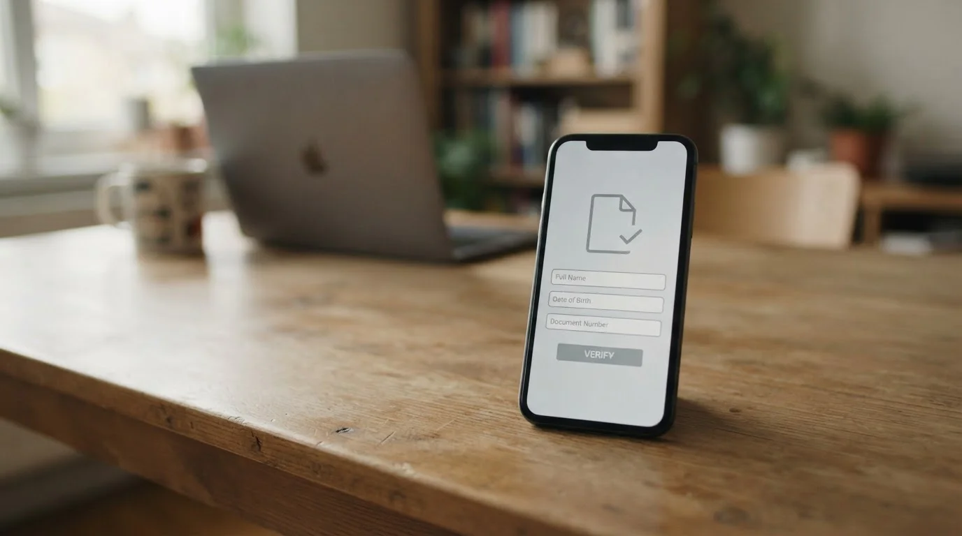 Smartphone toont een neutraal verificatiescherm met een documentpictogram op een houten bureau