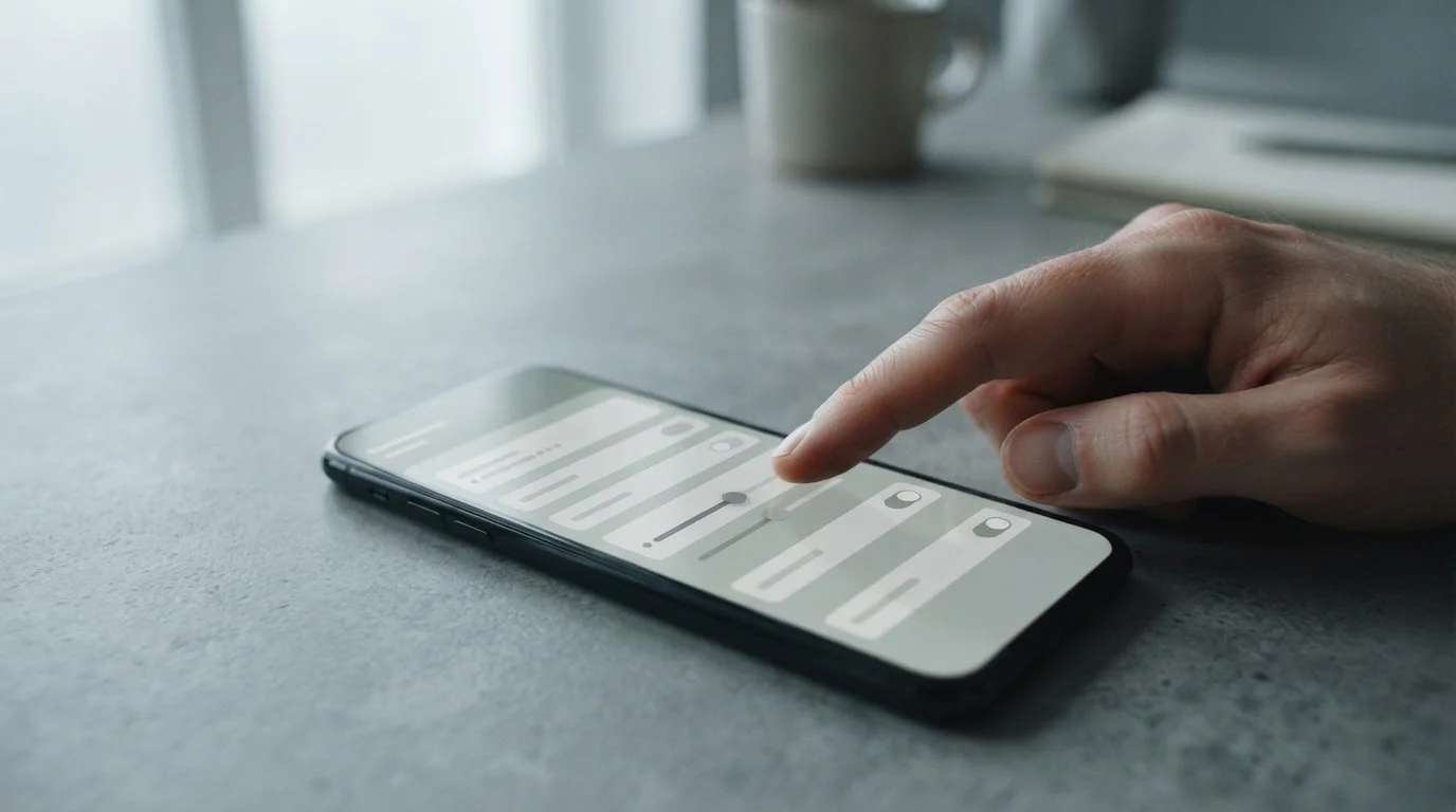 Hand tikt op smartphone met neutraal instellingenscherm met schuifregelaars