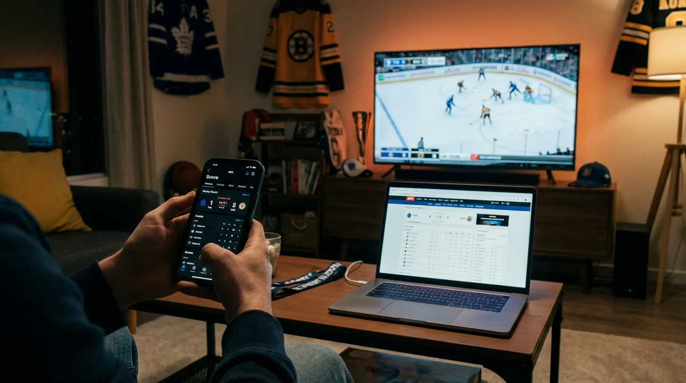 Meerdere schermen met hockey content - TV, laptop en smartphone tegelijk