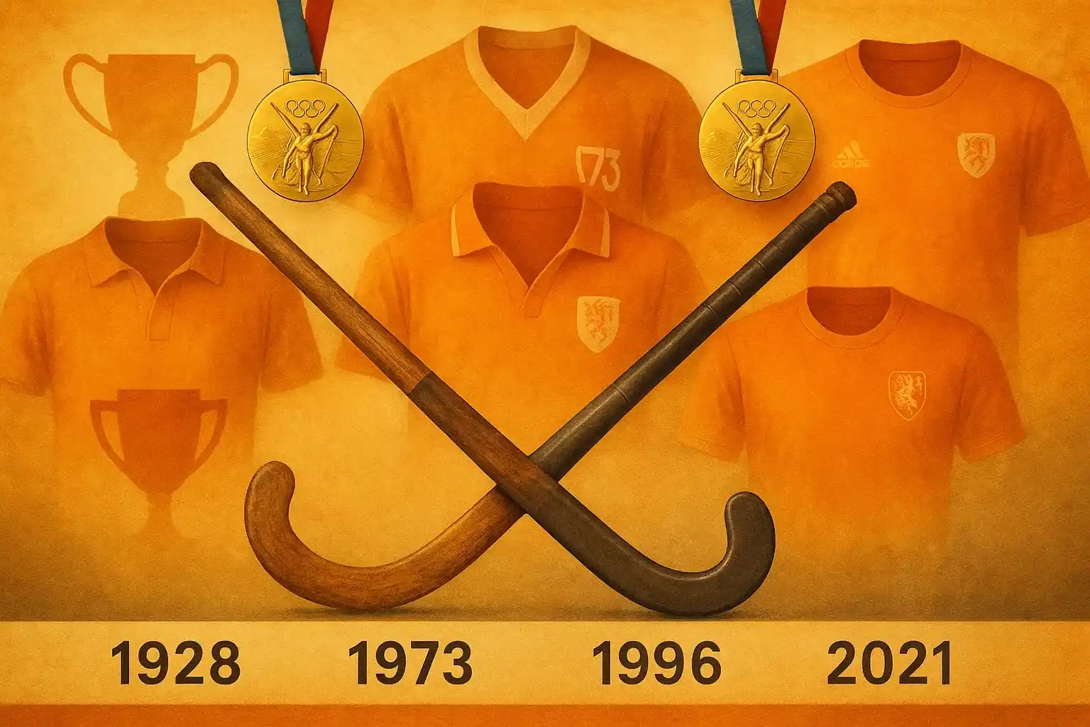 Collage van Nederlandse hockey geschiedenis met olympische medailles en trofeeën door de jaren heen