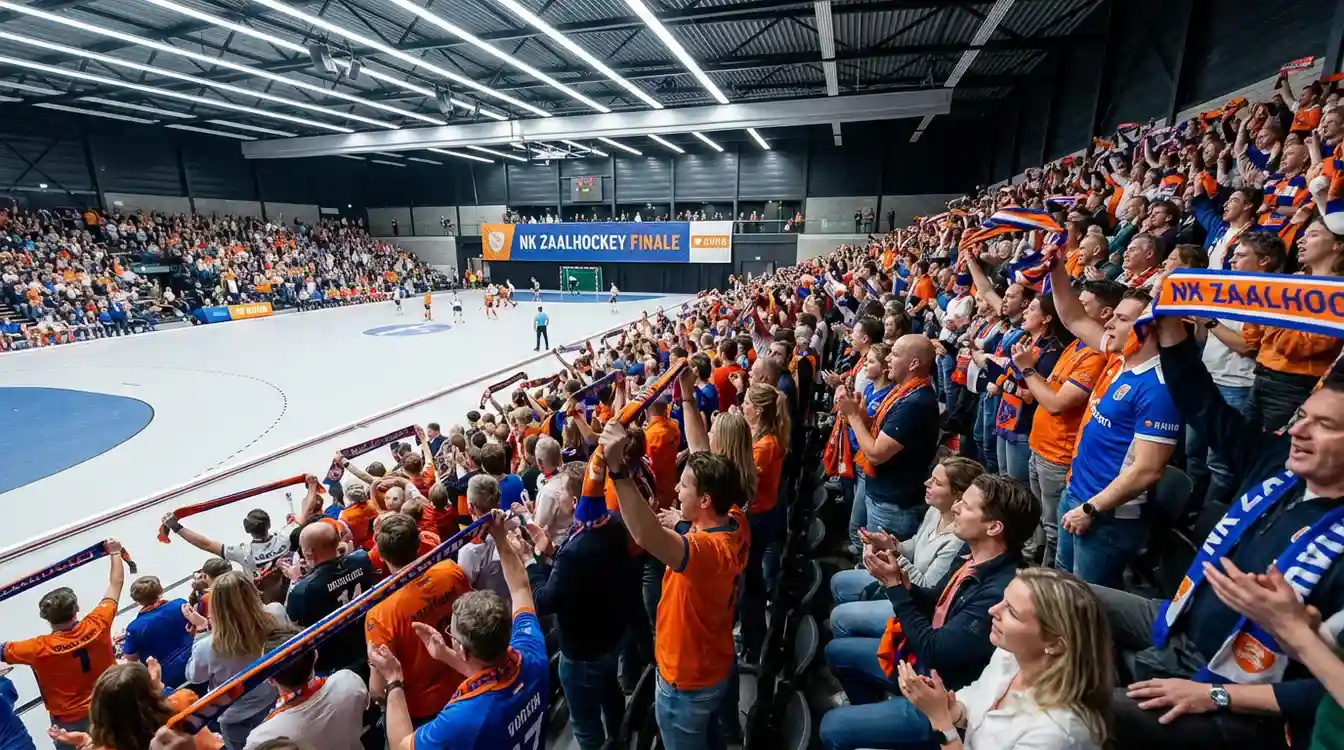 Volle tribune tijdens de NK Zaalhockey finale met enthousiaste supporters