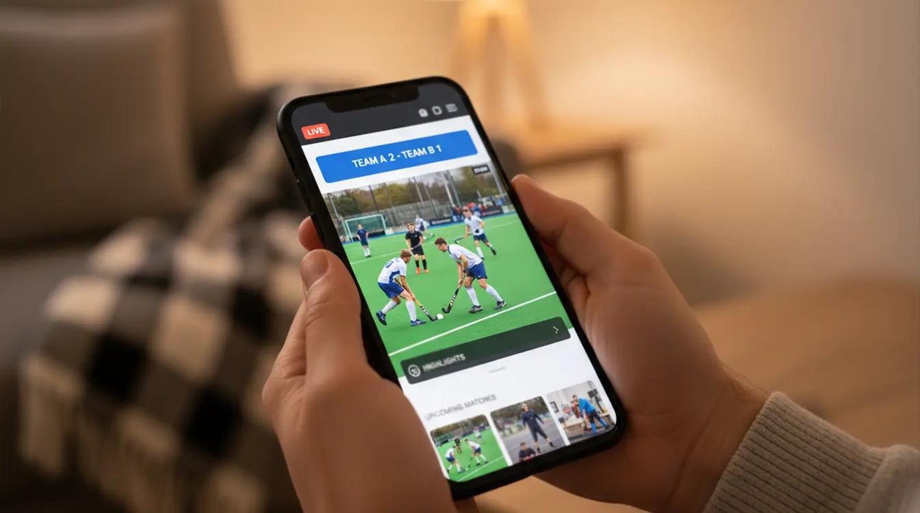 Smartphone met de NOS-app die een hockeywedstrijd toont