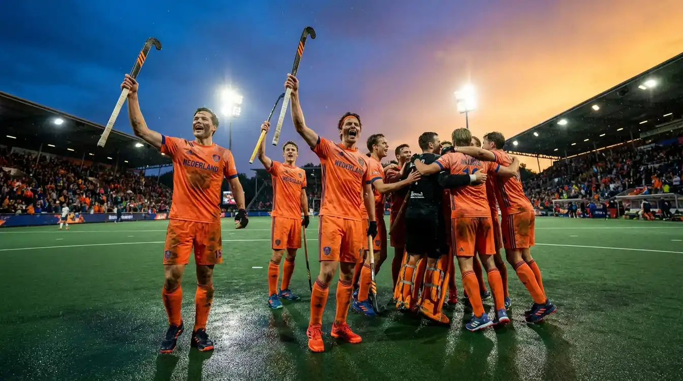 Het Nederlandse hockeyteam Oranje in actie tijdens een internationale wedstrijd