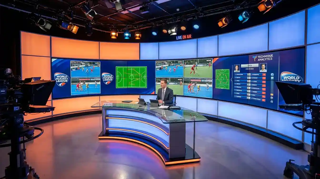 Televisiestudio met presentator en hockeyanalyse op schermen