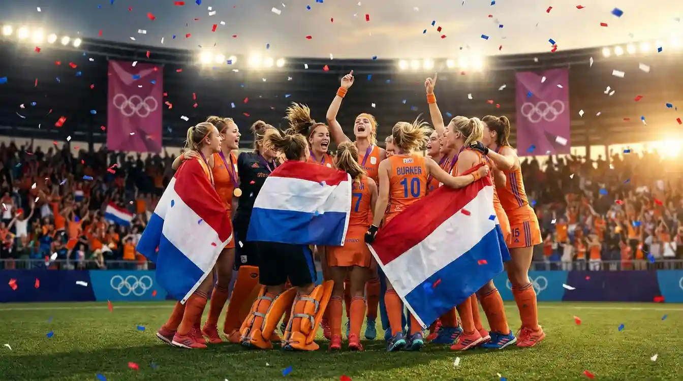 Nederlands hockeyteam viert olympische gouden medaille met vlaggen en trofee