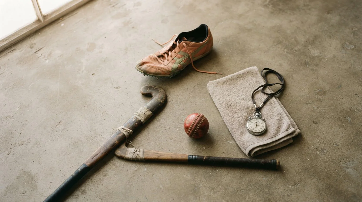 Sportattributen van atletiek, hockey en cricket op een tafel