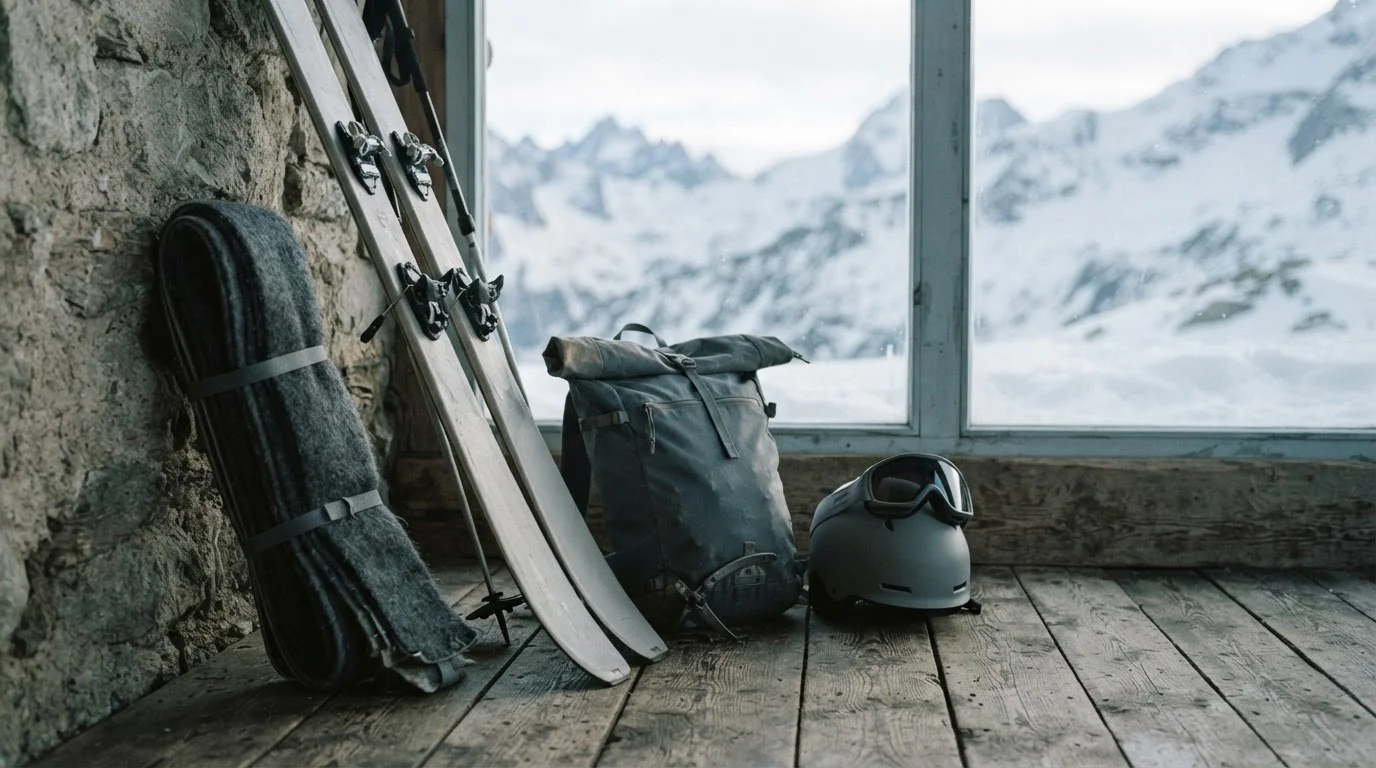 Alpine skitour uitrusting op houten ondergrond