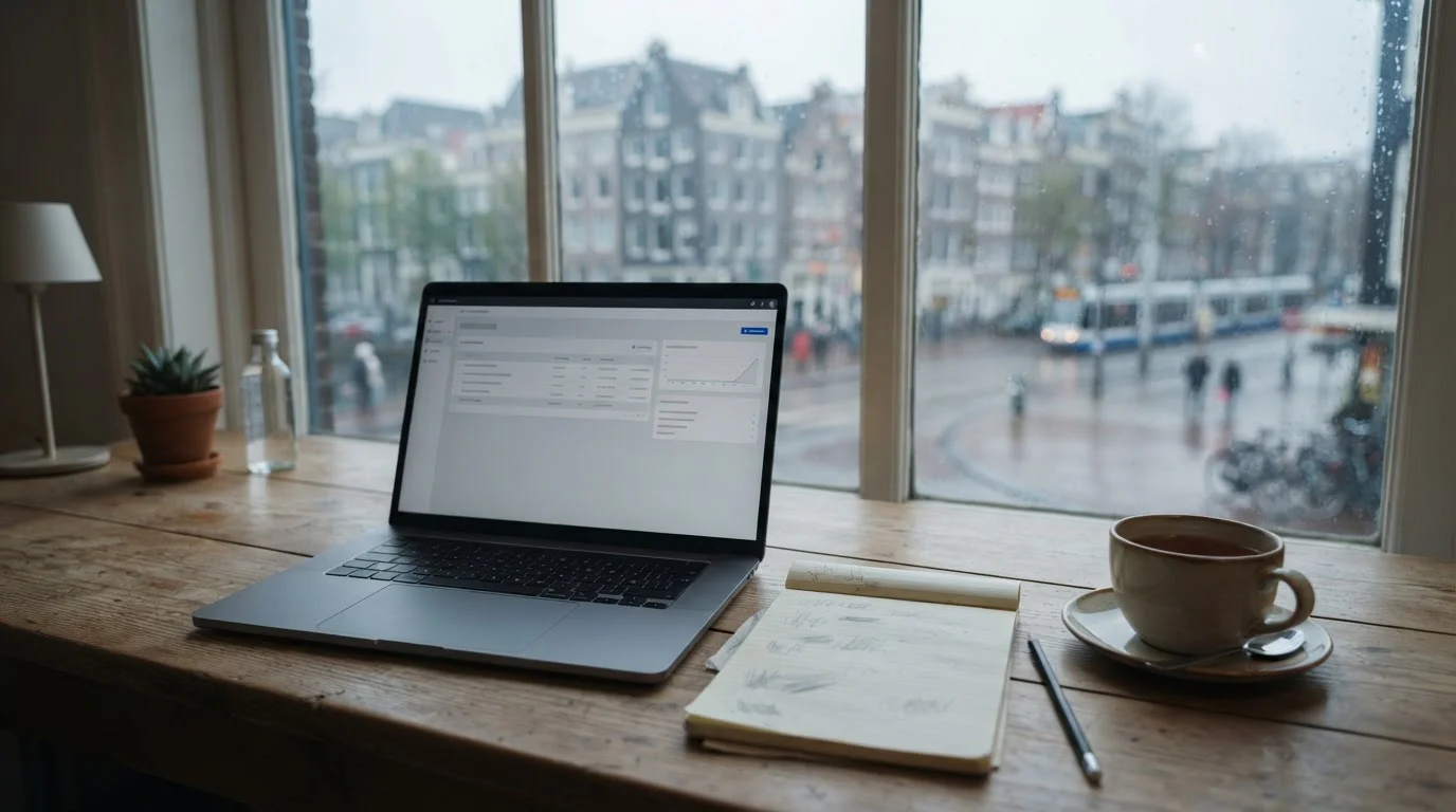 Bureau met laptop en notitieblok, analyse van legaal online wedden in Nederland