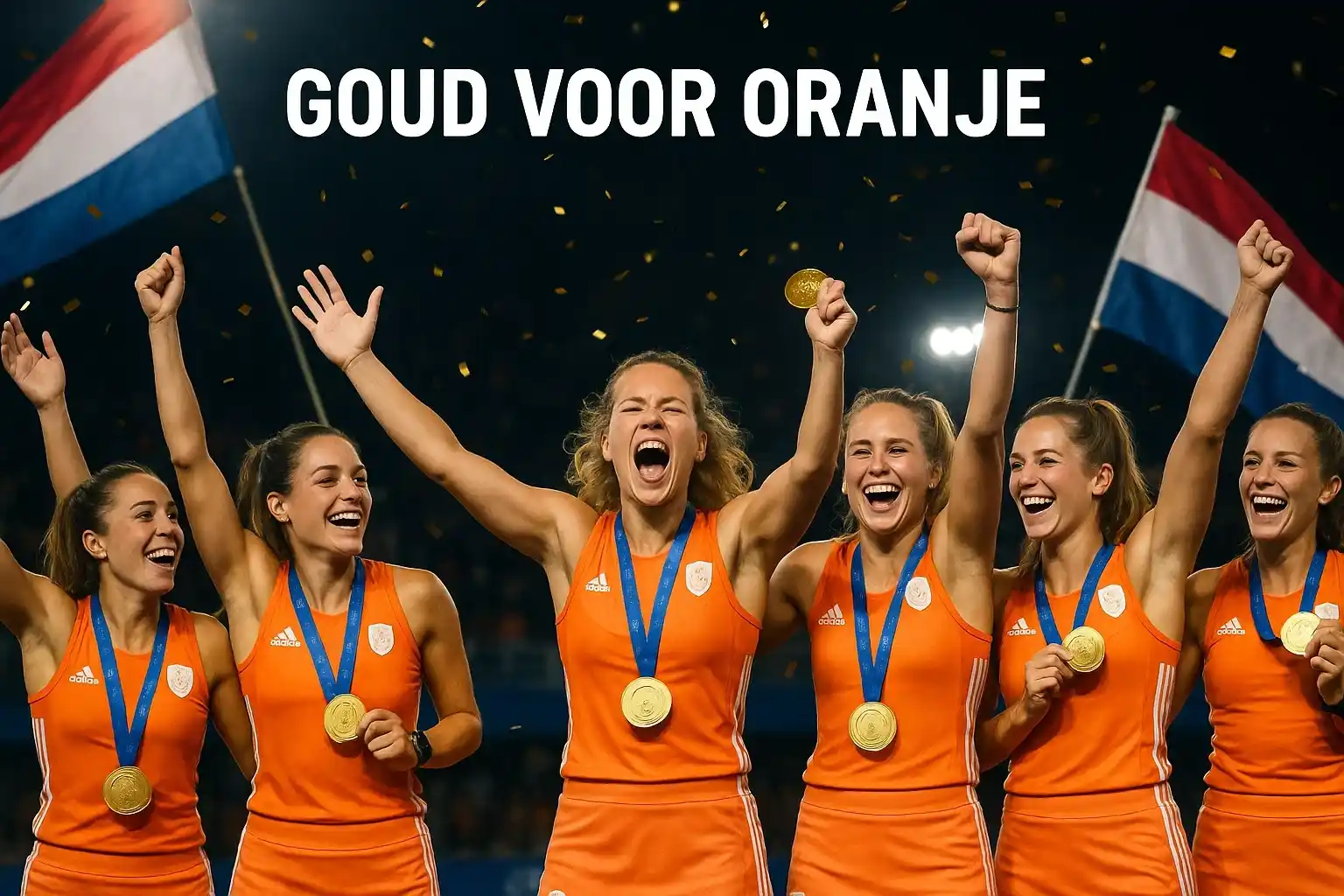 Oranje Dames hockeyteam met olympische gouden medailles op het podium