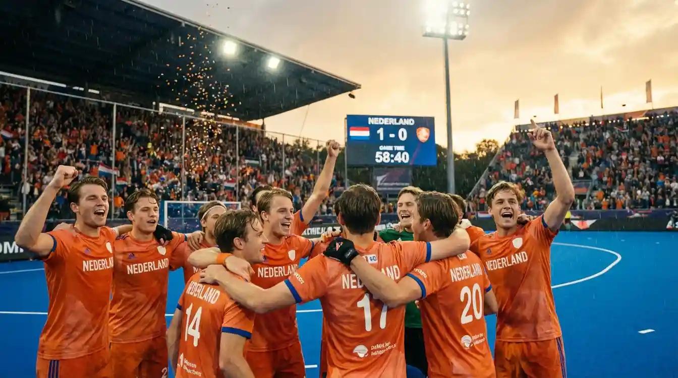 Nederlandse heren hockeyspelers vieren een doelpunt tijdens een internationale wedstrijd