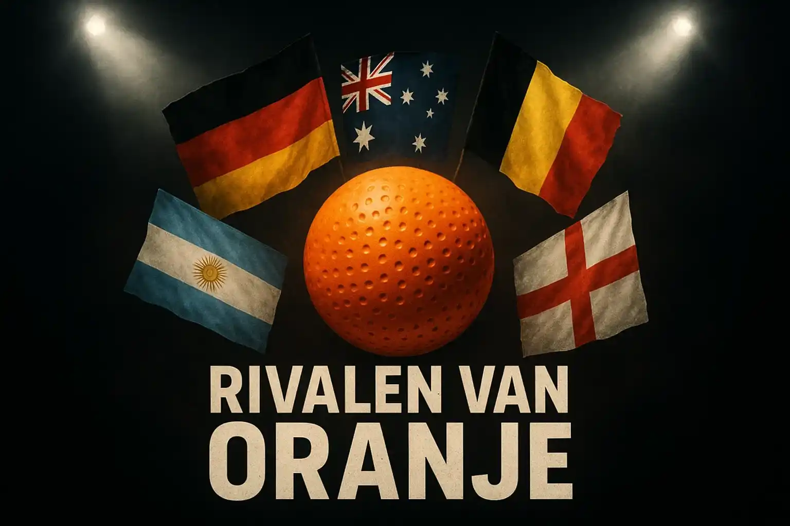 Internationale hockey rivalen van Nederland met vlaggen van Duitsland Australië België Argentinië en Engeland