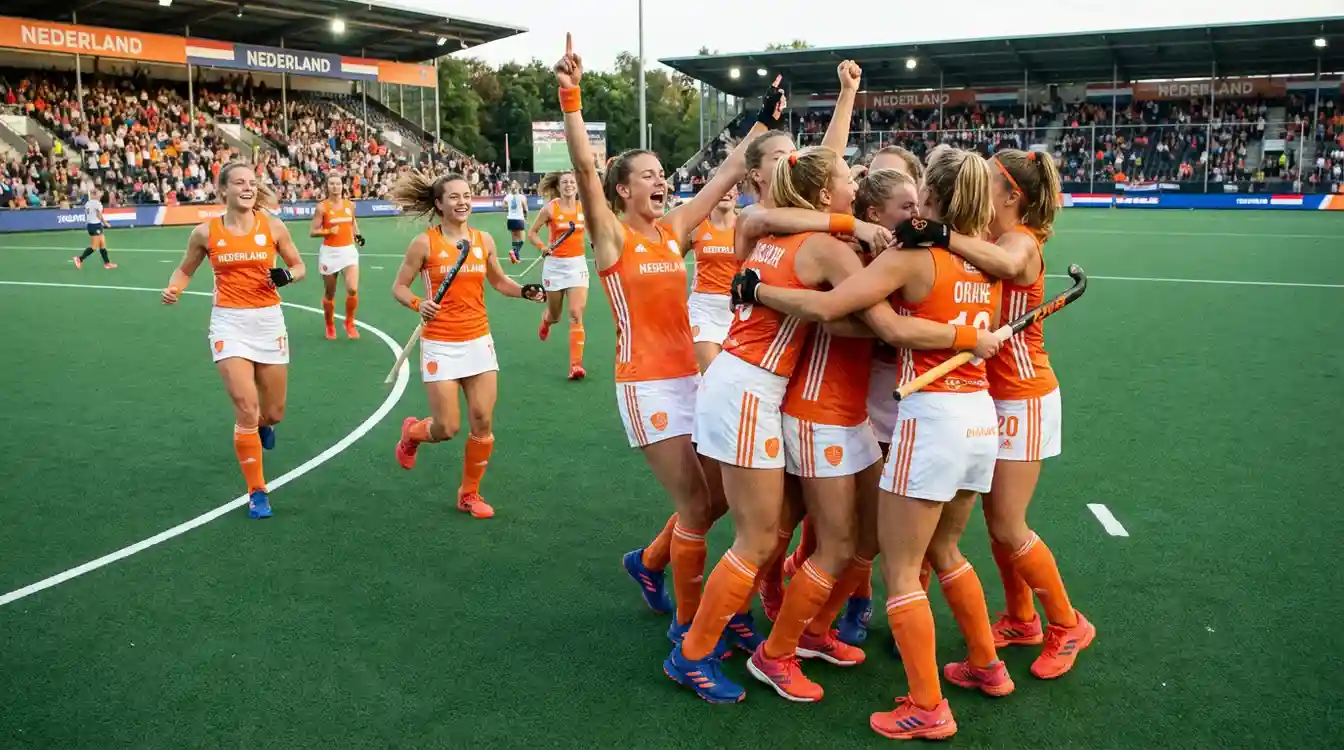 Nederlands hockeyteam in oranje shirts viert een doelpunt op het veld