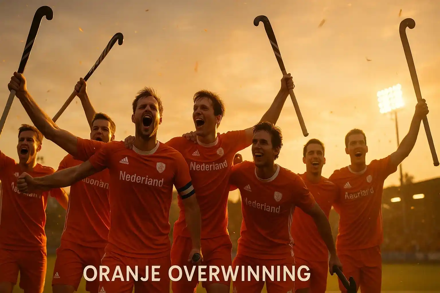 Nederlands hockeyteam viert overwinning op het veld met oranje shirts en geheven sticks