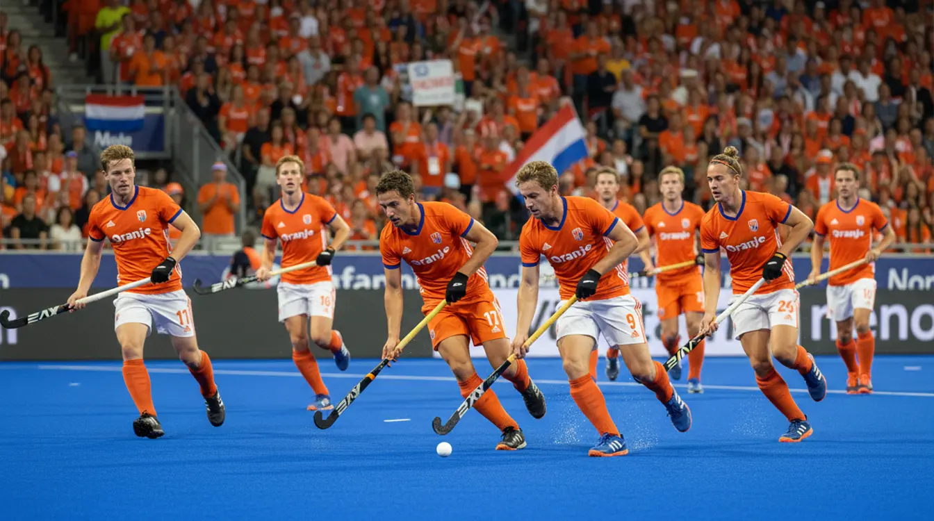 Nederlandse hockey internationals in actie tijdens een interland in oranje shirts
