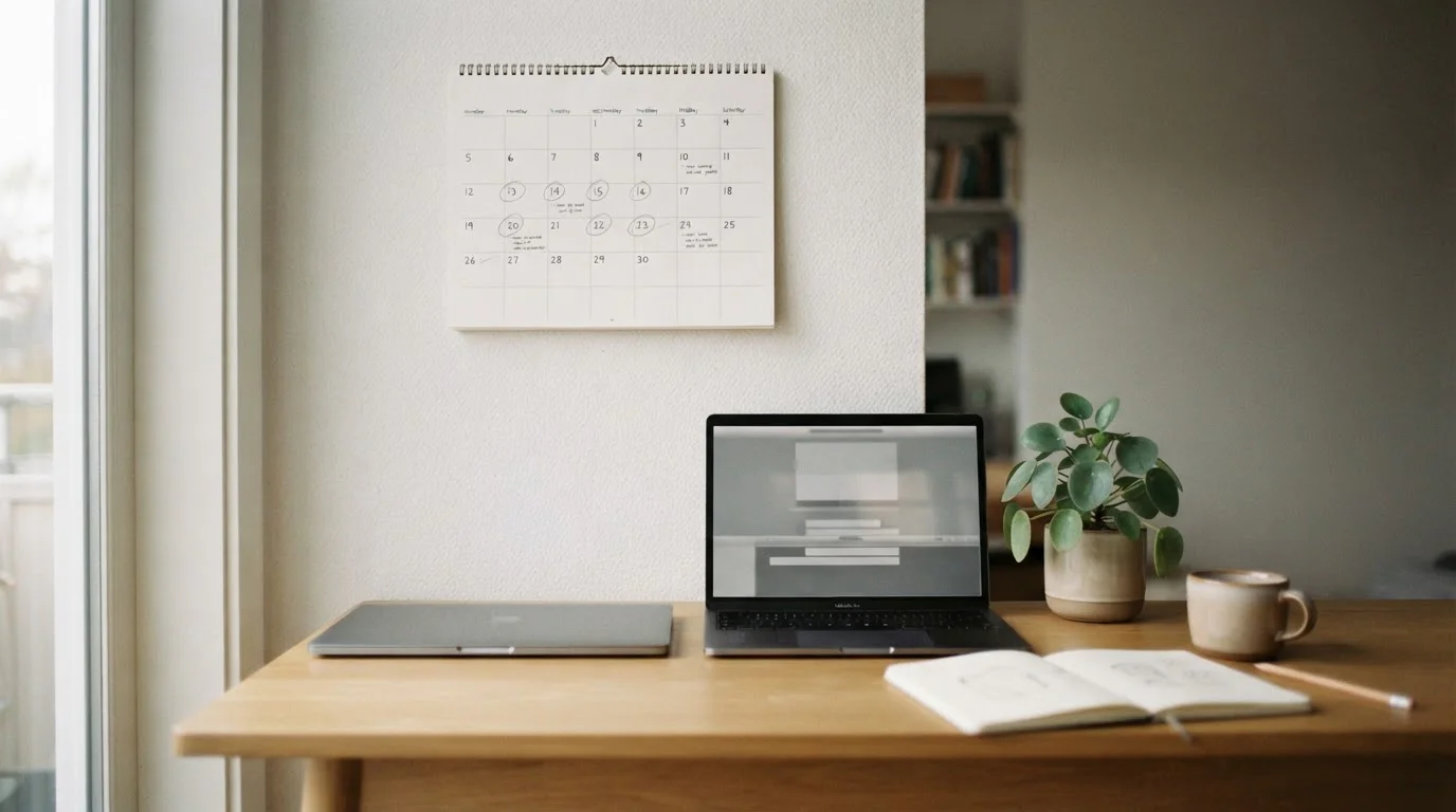 Wandkalender met markeringen naast een laptop op een bureau
