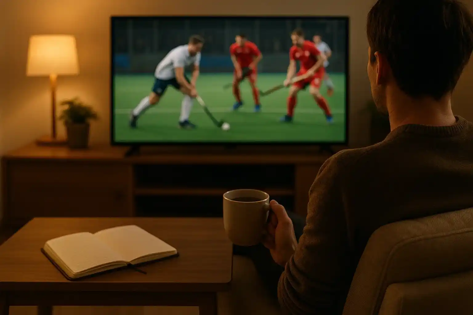 Ontspannen persoon kijkt hockey op TV met wedlogboek en koffie in gezellige huiskamer