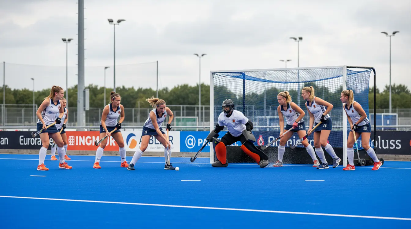 SCHC damesteam neemt een strafcorner tijdens een Hoofdklasse wedstrijd