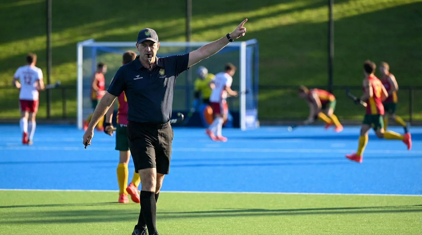 Scheidsrechter geeft handgebaren tijdens een hockeywedstrijd