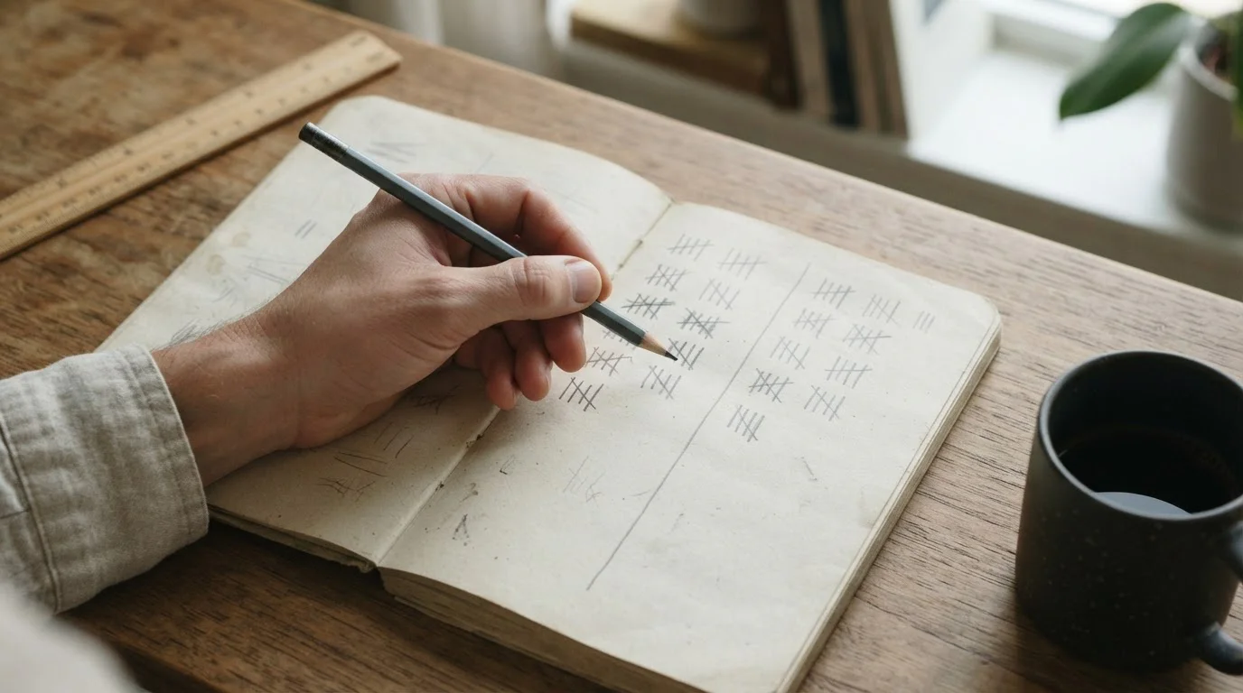 Hand die op een notitieblok met abstracte kolommen schrijft