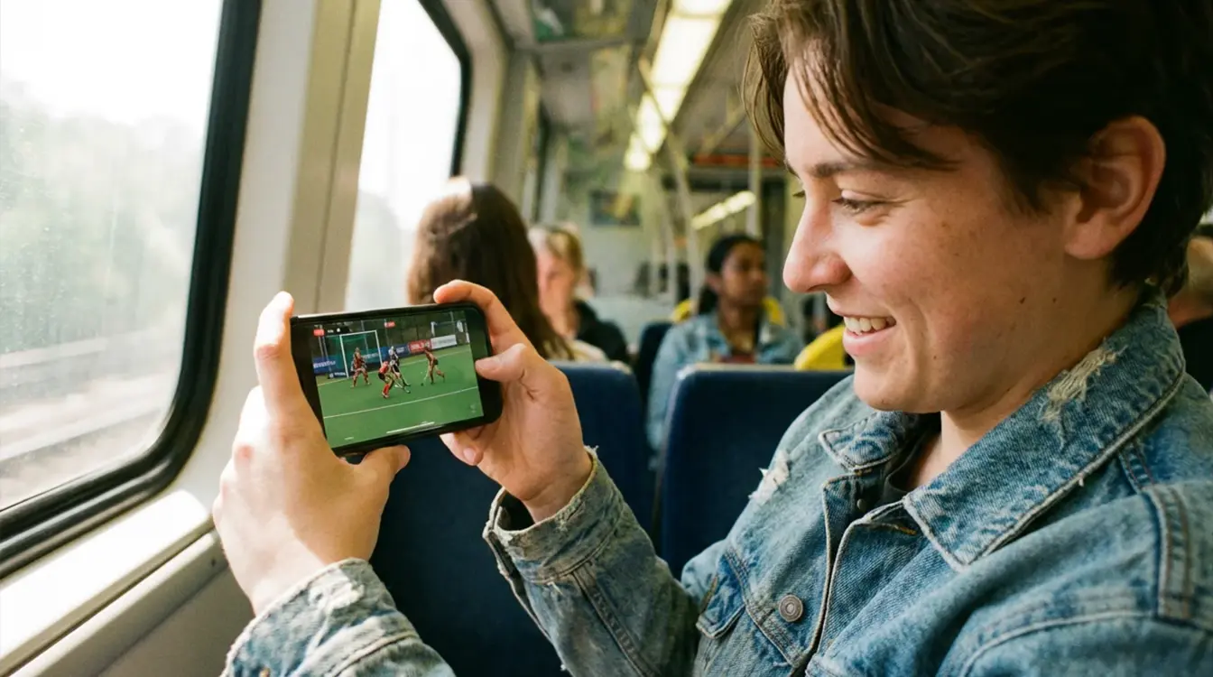 Persoon bekijkt een hockeywedstrijd livestream op smartphone onderweg