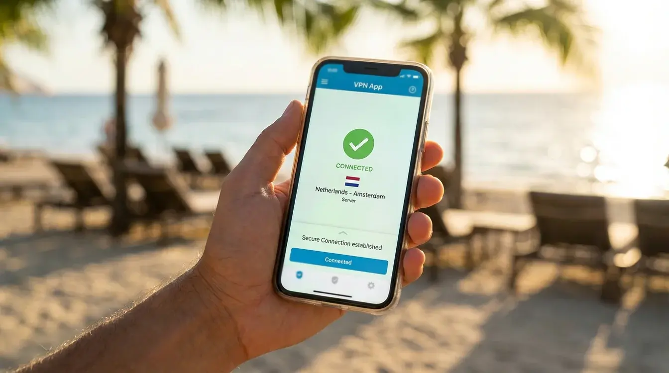 Smartphone met VPN-app verbonden met Nederlandse server op een zonnige vakantielocatie