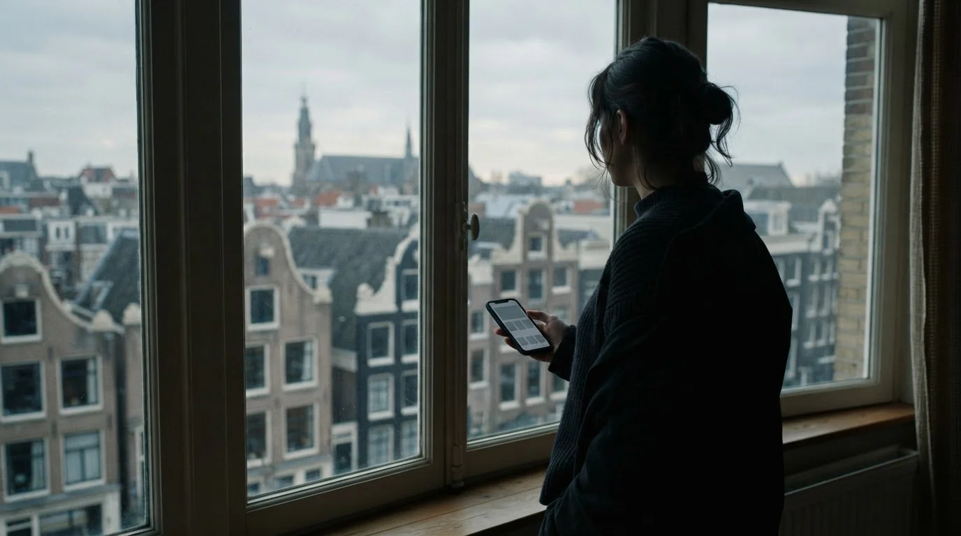 Silhouet van een persoon voor een raam met uitzicht op een rustige stad