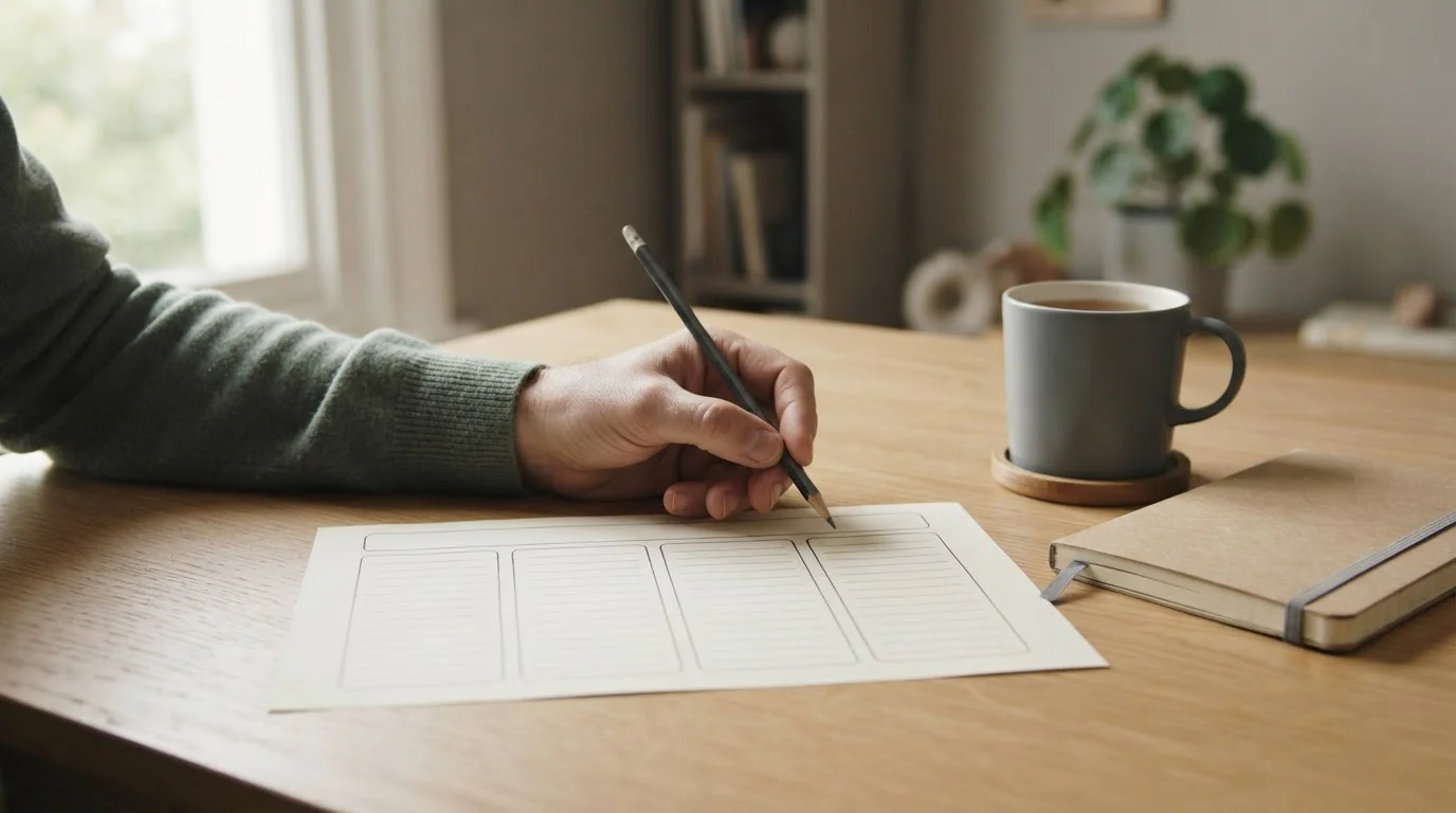 Hand met potlood boven een neutraal vergelijkingsschema op papier