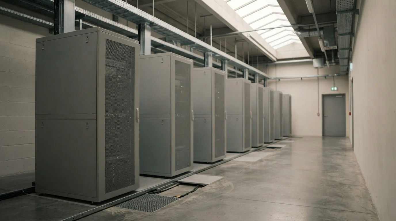 Acht identieke serverkasten op een rij in een neutrale technische ruimte