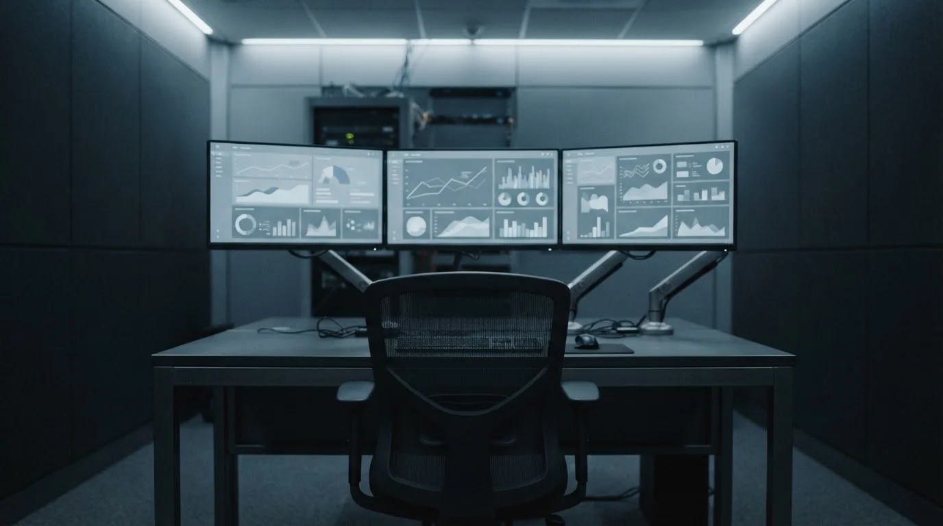 Controlekamer met meerdere schermen toont abstracte risicodrempels voor tradingbeslissingen