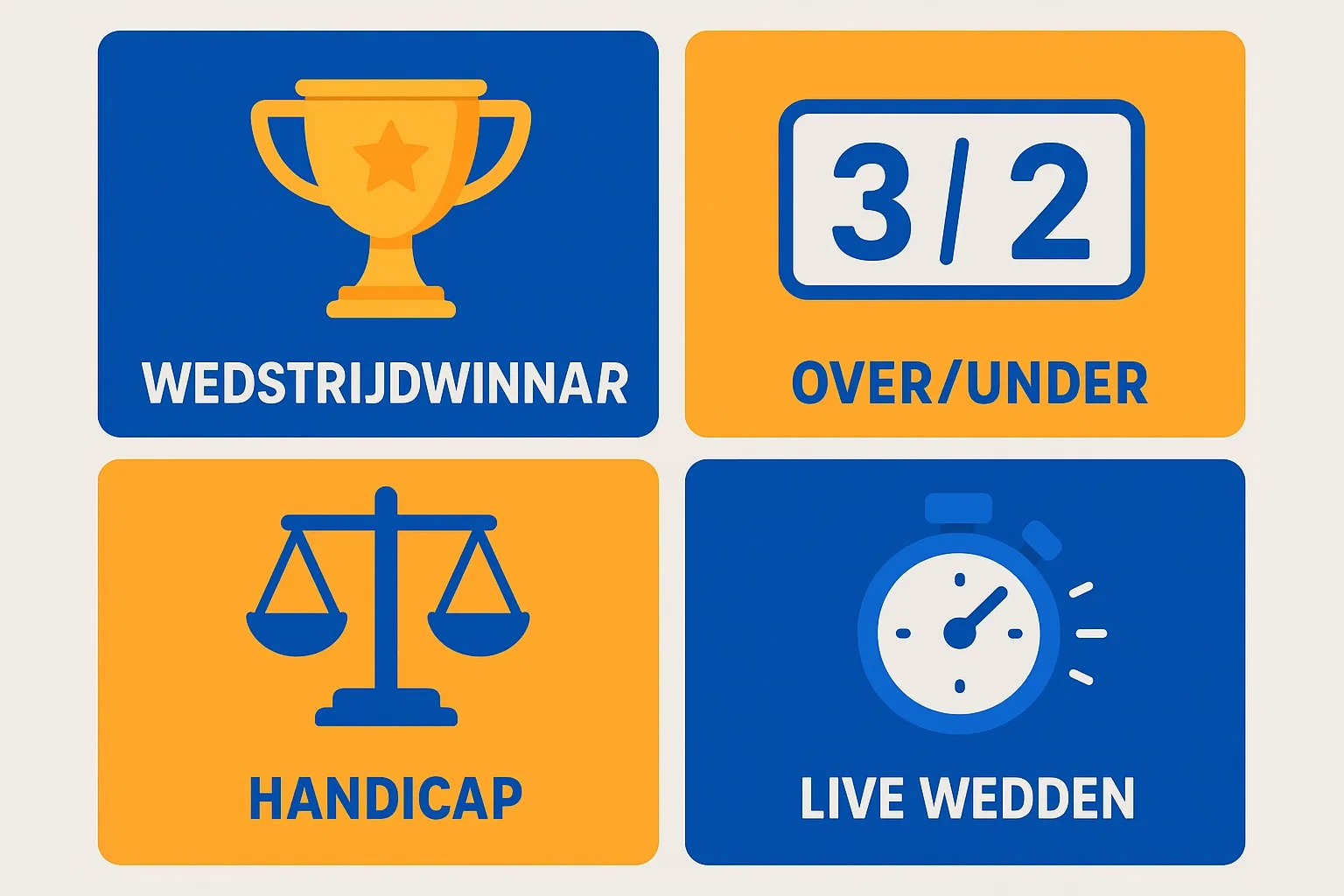 Overzicht van verschillende soorten hockey weddenschappen met iconen voor match winner, over under en handicap